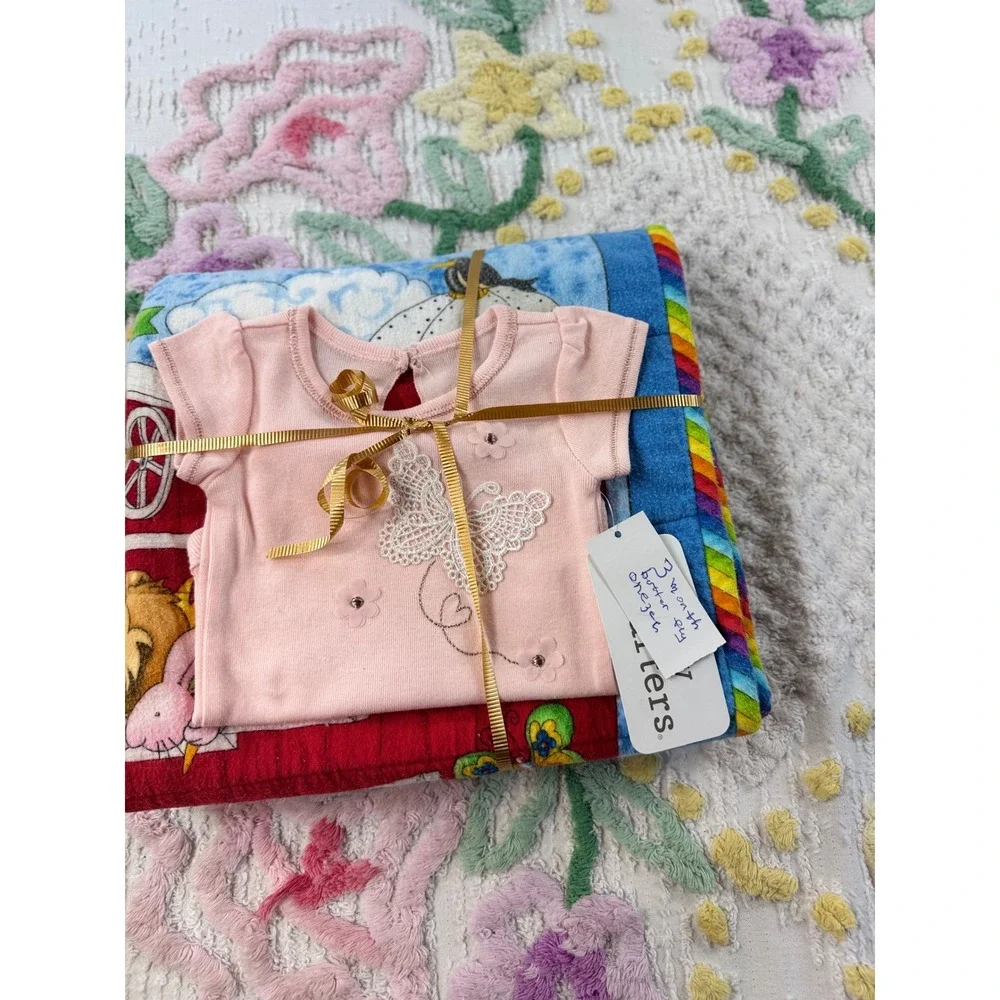 Baby Starters Barnyard vtg Quilt Blanket & Butterfly Bodysuit 3M Pink Blue New